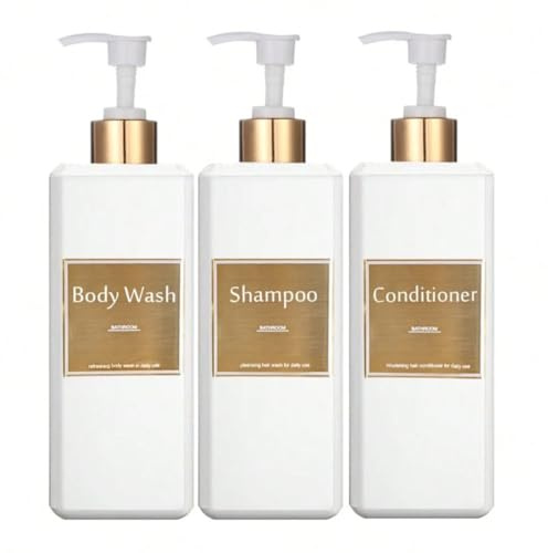 Dispensador Jabon Baño | Set de 3 Botes para Gel Champu y Acondicionador 500ML con Detalles Dorados | Este Dosificador Jabon Baño Blanco y Dorado es Elegante y Realzará el Estilo de tu hogar
