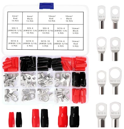 YIXISI 115 ST M5/M6/M8/M10 Ringterminaler Set, Rörformade Batterikabeländar, Koppartrådterminaler, med Isoleringshylsor, för Elkabel, Silver