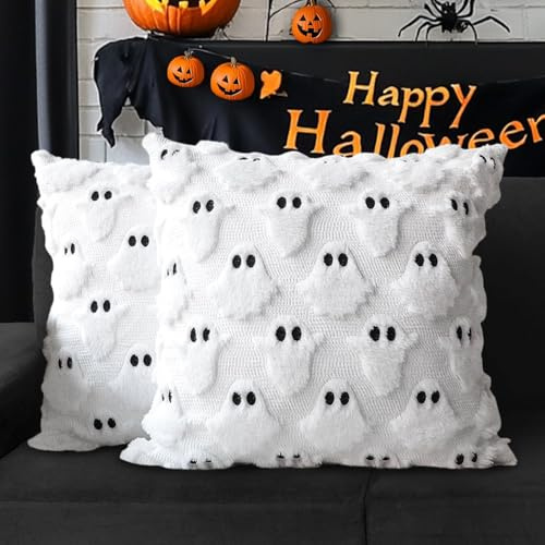 OuMaiFeng 2 Stück Halloween Kissenbezüge 45 x 45 cm Weiß,Halloween Deko Innen,Geistern Kissen Aesthetic,Aesthetic Bettwäsche,Dekorative Geistern Kissenbezüge(Keine Füllung)