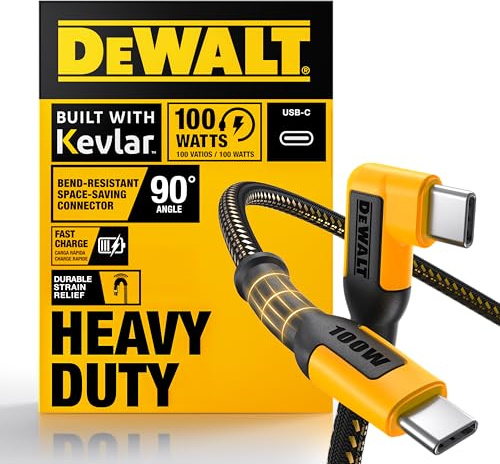 DEWALT Heavy Duty 90-Degree Angled 100W USB C Cable, Jobsite 100 Watt USB C Cable, High Speed Type-C to Type-C, PD USBC Fast Charging Cord for iPhone 16/15 Plus Pro Max, MacBook, iPad (6 Foot)