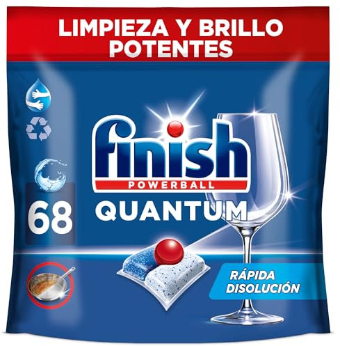 Finish Powerball Quantum All in 1 Pastillas para el lavavajillas todo en 1, limpieza profunda y brillo superior, 68 pastillas