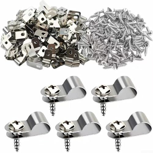 Paquete de 100 clips de alambre de acero inoxidable para valla con tornillos, clips de montaje para malla de alambre, 19 x 10 mm, se adapta a 4 mm de diámetro (aluminio)