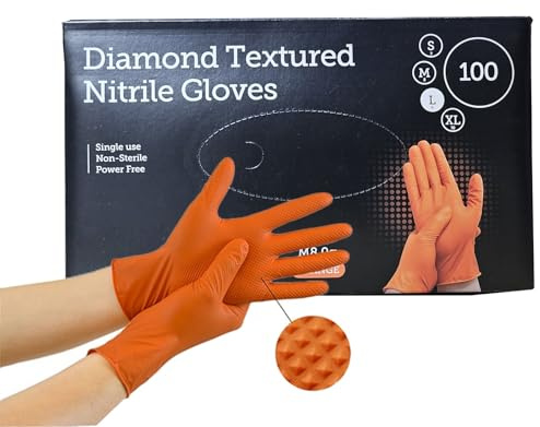 Ecoshine Disposable Nitrile Gloves Orange Diamond Textured Powder-Free Heavy Duty for Mechanic & Garage Use 100-Pack (X-Large-10)