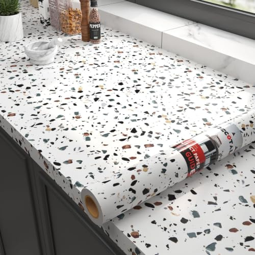 Decotalk Möbelfolie Selbstklebend Küche Matt Weiß Terrazzo 40X300cm Folie Arbeitsplatte Küche Küchenfolie Selbstklebend Folie Für Möbel Weiß Möbelfolie Küchentapeten Dekorative Abwaschbare Tapete
