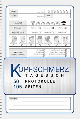 Kopfschmerz und Migräne Tagebuch: 50 umfangreiche Protokolle für Akutphase und Ursachenfindung, inklusive Kopfschmerzkalender und Medikamentenplan