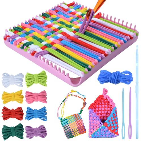 HICOHAND Weaving Loom Kit Crafts, 1 Set Cotton Weaving Loops Potholder in Rainbow Colors DIY Arts and Crafts Kits Gifts for Kids and Adults Beginners