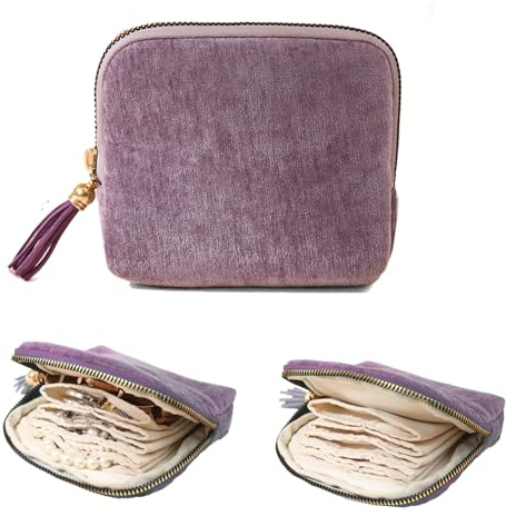 Jeonnfp Small Jewelry Travel Case, Portable Travel Jewelry Organizer Soft Velvet Organizer Pouch Mini Travel Jewelry Bag with Zipper for Earring Crystal Bracelet Ring,Anti-Scratch(Purple)