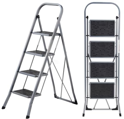 MasterWorks 4 Step Ladder | Heavy Duty Folding Steel Stepladder with Safety Handle | 150kg Max Capacity | Wide Anti-Slip Steps & Feet | Easy to Store | Ideal for Home, Kitchen, Garage & DIY Use