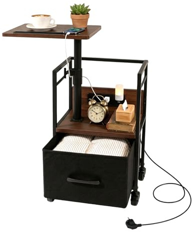 Bingyouth Mesita de Noche con Enchufe y USB, Mesa Auxiliar con Ruedas y Freno, giratoria 360° y Altura Ajustable, Gran almacenaje con cajón, Acabado Nogal, Poste Reforzado, salón y Dormitorio