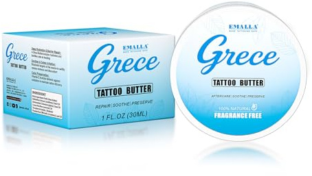 EMALLA GRECE Tattoo Butter - Bálsamo vegano para cuidado post-tatuaje, 30 ml, para la frescura y existentes, reparación de la piel, protección del color, no graso, sin fragancias