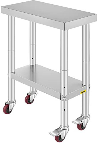 VEVOR Arbeitstisch 61 x 30 x 85 cm Edelstahl Catering Arbeitstisch Belastbarkeit 150 kg, Lebensmittel Zubereitungstisch mit Nachlauf Gewerbliche Arbeitstisch für Küche Bar 4 verstellbare Füße