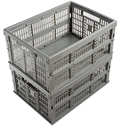 Pack of 2/3/4/5/6/7/8/10 Plastic Folding Storage Crate Box 32Lt Stackable (2 Crates Foldable Racks)