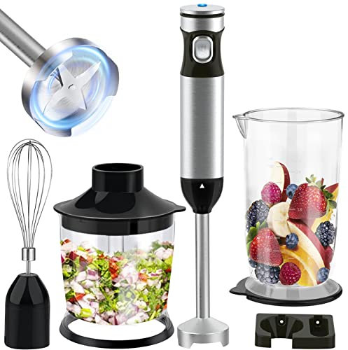 Huntertall kitchen Batidora de mano de acero inoxidable, 1000 W, 4 en 1, multifunción, velocidad sin niveles, 4 cuchillas de 700 ml, vaso medidor, batidora eléctrica, picadora
