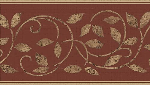 Dundee Deco Wallpaper Border Peel and Stick DDAZBD9333 Damask Gold Maroon Vines Wall Border Retro Design, 15 ft x 7 in (4.57m x 17.78cm), Self Adhesive