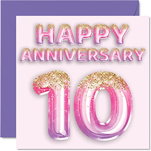 Biglietto di auguri per anniversario, per moglie | Fidanzata, marito, fidanzato, con palloncini glitterati rosa e viola, per il 10° anniversario della famiglia