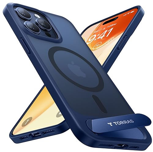 TORRAS Ostand L1 für iPhone 15 Pro Max Hülle mit Flügelständer Kompatibel mit MagSafe-Zubehör 3,66m Zertifizierte Militärschutz Stoßfest Magnetkraft Case für iPhone 15 Pro Max Handyhülle Matt Blau