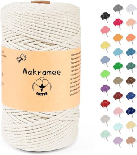 Uvolo Makramee Garn 3mm x 200m, Makramee Baumwollgarn, Baumwollgarn für Blumenampel Basteln, Pflanzenbügel und DIY Handwerk Mit Papierbox