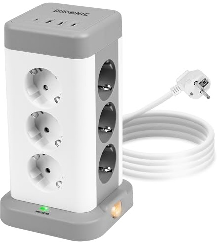 Duronic ET12C Tour multiprise 12 Prises 3680W 4 Ports USB Parasurtenseur | 3 ports USB 1 port USB-C Protection contre les surtensions Câble de 1,8 m Prises multiples 16A