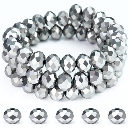 Dowarm 300PCS 6mm Briolette Crystal Glass Beads for Jewelry Making, Faceted Rondelle Crystal Beads for Crafts Wind Chimes Suncatchers Wine Charms, Loose Spacer Beads DIY, Mine Silver