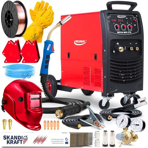 Weldman MEGA MIG 270 - Soldador Inverter Profesional de 270A 400V - MIG/MAG, MMA, FLUX - Inductividad - 2T/4T, Alimentador de Alambre de 4 Rodillos, Chasis - IGBT - Set Premium