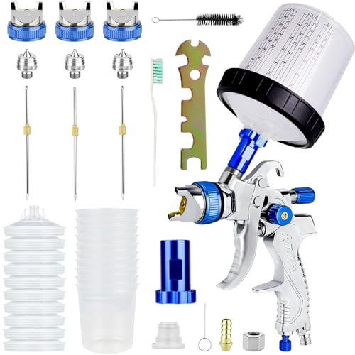 POFIBO HVLP Lackierpistole Spritzpistole - Lackierpistole Druckluft mit 3 Düsen(1,4 mm, 1,7 mm, 2,0 mm)- Profi Farbsprühsystem mit 600 ml Plastikbecher und 10 Deckel und Innenbecher für Autolackierung