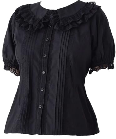 Cuteighteen Lolita kortärmad blusar kvinnor Peter Pan krage viktoriansk skjorta vintage Kawaii spets luftiga toppar trendig sommar, Svart, XL