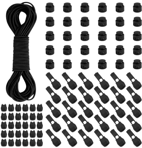 3MM x 30m Black Elastic Cord,Round Elastic String with 60 Plastic Cord Locks,Bungee Cord Bungee Rope Elastic Shock Cord for DIY Craft Shoelaces Clothing Backpack