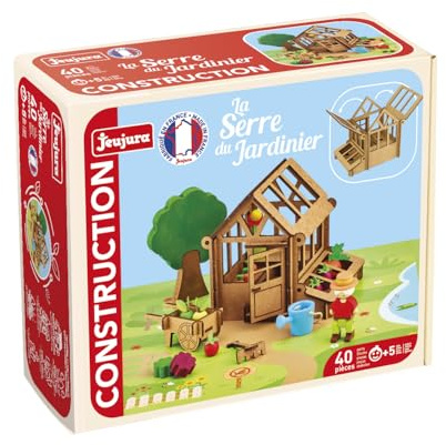 Jeujura - Serre du Jardinier 40 Pièces - Jeu Construction dès 3 Ans - 8099 | Personnages, accessoires et tapis de jeu inclus - Valisette rangement - Jeu en bois enfant - Imagination - Fabriqué en France
