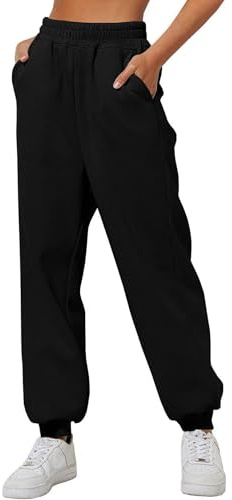 Kxydlww Sportbyxor Kvinnor Vinter Varm Jogging Bomull Byxor Hög Midja Bodycon Med Fickor Enfärgad Träningsoverall Elastiska Byxor för Hip Hop Casual, Svart, S