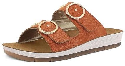 inblu Femme Ciabatte Donna Con Doppia Fibbia Dorata E Piccole Borchie, Plantare in Vera Pelle Imbottito Sandale Glissante