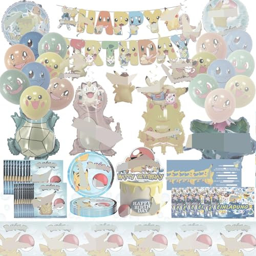 Kinder Geburtstag Party Set, 73 Stück Cartoon Anime Geburtstags ballon Dekorations set, Enthält Aluminiumfolienballons, Banner, Pappteller, Einladungskarte, Tischdecke, Kuchendeko, Papierserviette