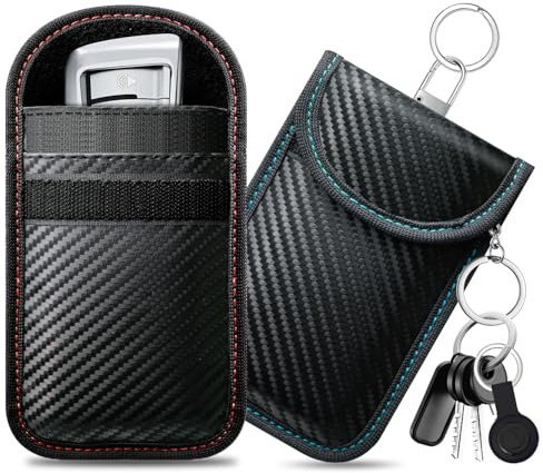 caslord Keyless Go - Funda Protectora para Llave de Coche (2 Unidades, Faraday Bags, Fibra de Carbono, Cuero, Keyless Go, Bloqueador RFID) - 11,5 x 7,5cm(Rojo y Azul)