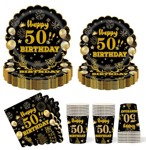 50. Geburtstag Partygeschirr für 24 Gäste,96 Stück Party Pappteller Becher Servietten Partyteller Partyset Süße Party für Hochzeit Jahrestag Empfang Event Dekorationen