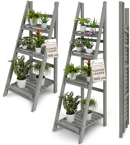 TTL HOME Blumenleiter Flower Ladder M+L Set grau - 2er Set 108 & 160 cm | - Leiterregal Blumentreppe Blumenregal Pflanzentreppe Kräuterregal für drinnen & draußen Balkon Terrasse Outdoor klappbar