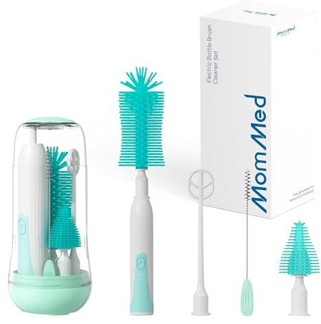 MOMMED Spazzole Biberon Neonato Set, 360° Rotazione Spazzola elettrico per bottiglie, Include biberon/ciuccio/spazzola per cannuccia in silicone e bastoncino per mescolare, Ricaricabile, Verde