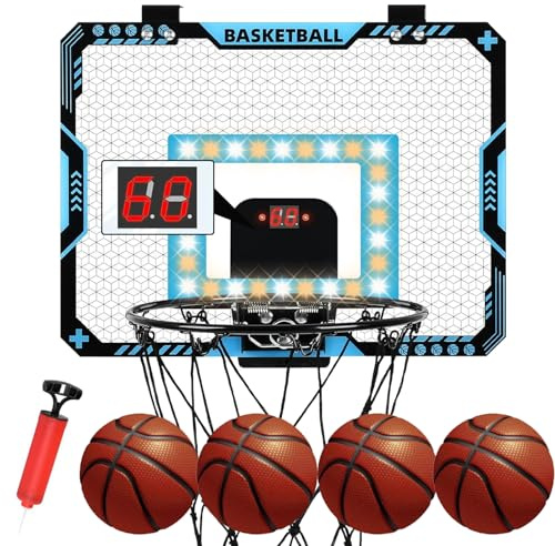 TECKZOON Indoor Outdoor Mini Basketballkorb, Basketball Boards mit Punktezähler Licht & Sound, 3 Spielmodi, inkl. 4 Bällen, Pumpe & Türhalterung, Geschenk für 4–12 Jahren Jungen und Mädchen