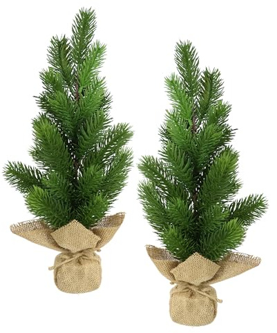 Künstlicher Mini-Tannenbaum in Jute 2er Set, 38cm Deko Kleiner Christbaum Weihnachtsbaum Kunst Kunsttanne Kunstbaum Dekobaum Koniferen X'Mas Weihnachtsdeko Adventsdeko Kunstpflanze Tanne