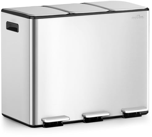 mVm Pattumiera Cucina, Pattumiera Differenziata 3 Scomparti, 3 x 15L, 3 Scomparti per Riciclaggio, in Acciaio Inossidabile, Secchi Interni Rimovibili, per Cucina, Ufficio, Argento