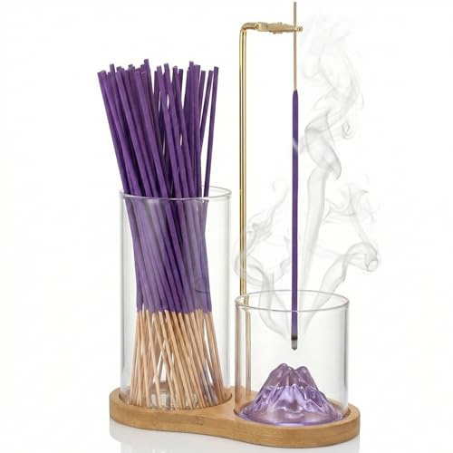 Wooden Upside Down Incense Holder with Removable Purple Mountain Ash Cup & Small Vase Function, 30 Lavender Scent Incense Sticks, for Meditation Yoga Spa Zen Decor & Gifts