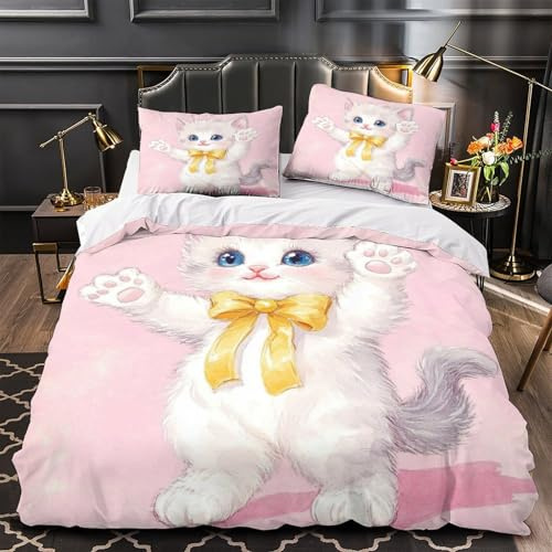 GKWEQPQWK gattino carino che saluta Impressione 3D 3 pz coperteletto fodera per edredone microfibra ipoallergenica traspirante per ragazzi ragazze uomini Double（200x200cm）