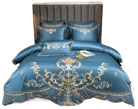 LuoAXINN Satin sängkläder set kungligt guld tvättat satin bomull pärla vit sängkläder set täcke platt / anpassat lakan örngott hemtextil (blå, FITTED_KUNGSTORLEK)