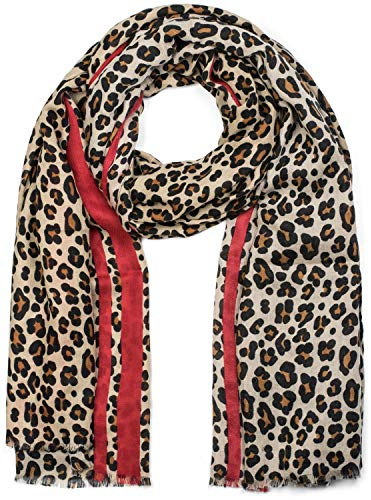 styleBREAKER Damen Schal mit Leo Muster und farbigem Streifen | Weiches Material mit Fransen | Animal Print Tuch in One Size, Farbe:Braun-Rot