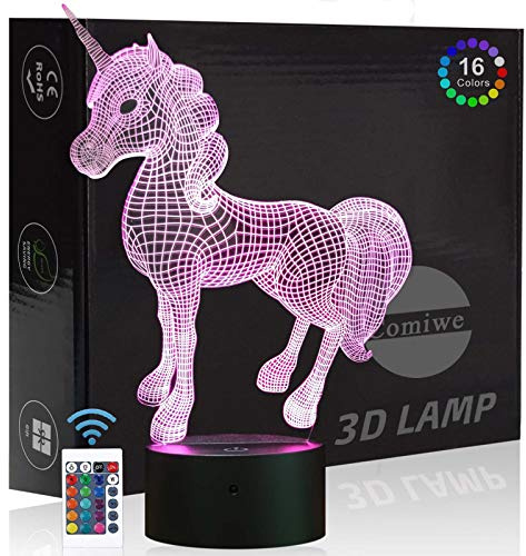 Comiwe Einhorn (D) 3D Illusion Nachtlicht Spielzeug,Dekoration LED Nachttischlampe 16 Farben Ändern mit Fernbedienung,Weihnachten Deko Lampe Geburtstagsgeschenk Für Mädchen Jungen Kinder und Freunde