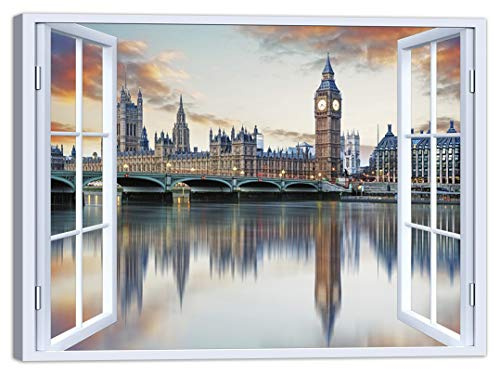 LuxHomeDecor Quadro finestra londra 100x75 cm Stampa su Tela con Telaio in Legno Arredamento Arte Arredo Moderno