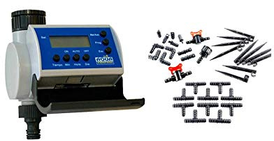 Aqua C4100 Programador de Riego para Jardín, Pantalla LCD, Hasta 8 Arranques por Día, Gris + KITG001 Pack Básico de Accesorios de 16 mm para Todo Tipo de Riego por Goteo Gota, Negro