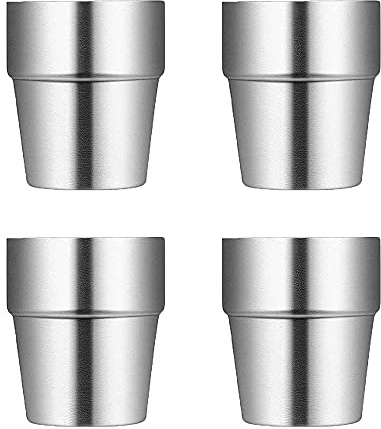 Lansls 4 Stück Premium Edelstahlbecher, 175ml Bruchsichere Metallbecher, Stapelbar Metallbecher Ohne Henkel, Isolierter Doppel-Edelstahlbecher Für Reisen, Outdoor, Camping (Silber)