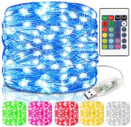 Cadena de luces LED multicolor para interiores, 16 colores, 5 m, 50 ledes, cable de cobre USB, cadena de luces para exteriores con mando a distancia y 4 modos, resistente al agua, IP68, cambio de