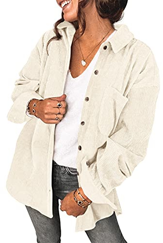 Saslax Cordhemd für Damen, mit langen Ärmeln, Oversize-Passform, V-Ausschnitt und Knopfleiste, lockeres Shacket-Jackendesign, A-beige, XX-Large