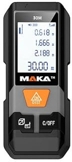 MAKA Digitaler Laser-Entfernungsmesser 30 m - Anpassbarer Messreferenz - ±2mm Genauigkeit - Pythagoras/Abstand/Fläche/Volumen Messungen