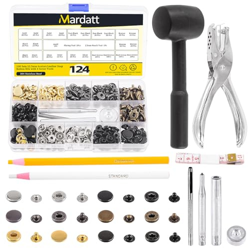 Mardatt 126pcs Snap Fastener Kit Metallic Copper Heavy-Duty Snap Fastener Tool Leather Rivets and Snaps 15MM Metal Snap Buttons Kit Press Studs with 6 Install Tools for Clothes, Jackets, Jeans Wears